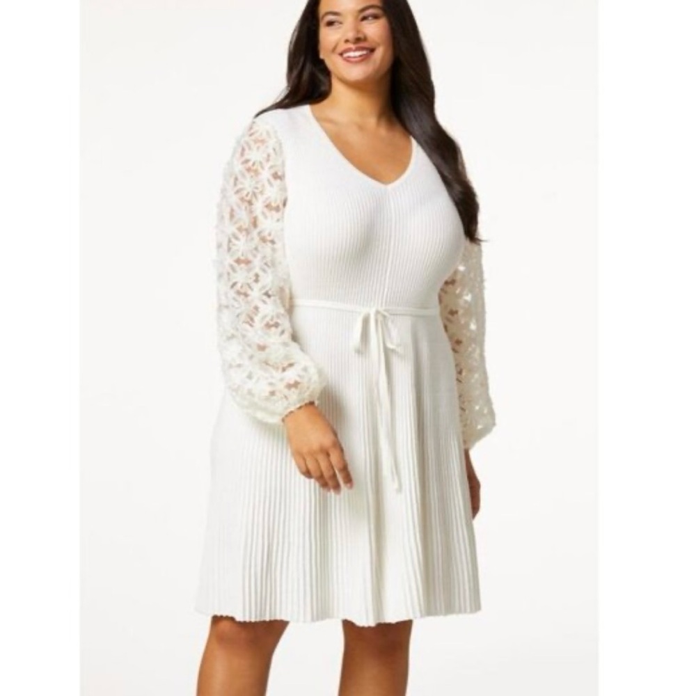 Cato Puff Sleeve Floral Sheer Pleated Knit Mini Dress White Size Large